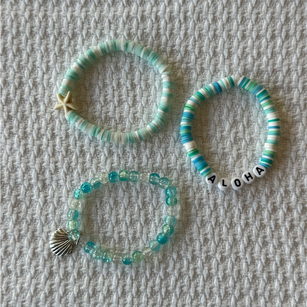 NEW Handmade Teal Clay Glass Bead Starfish Shell Aloha 3 Stretch Bracelet Set
